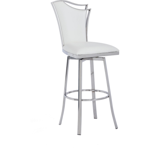 Nadia Swivel Bar Stool in White Leatherette & Stainless